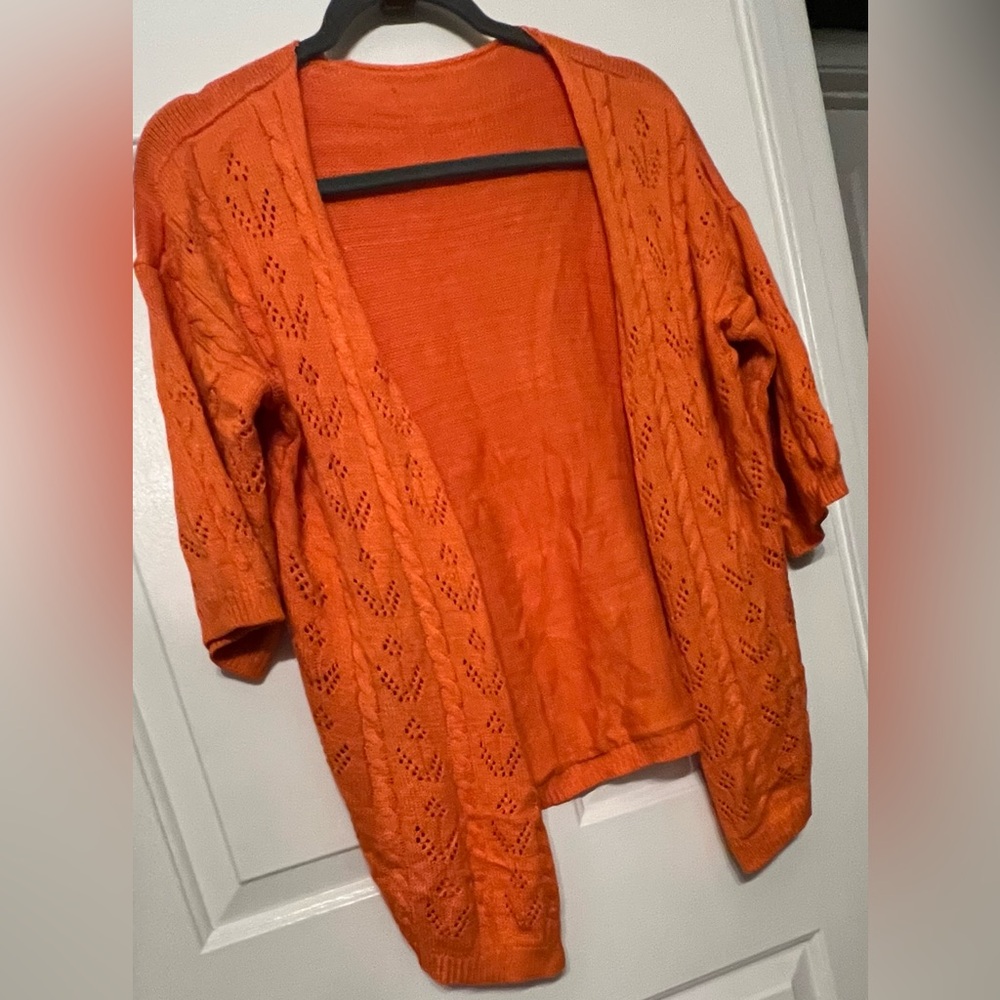 Women’s Large Orange Open-Front Oversized Cardigan Sweater 3/4 Length Sleeves